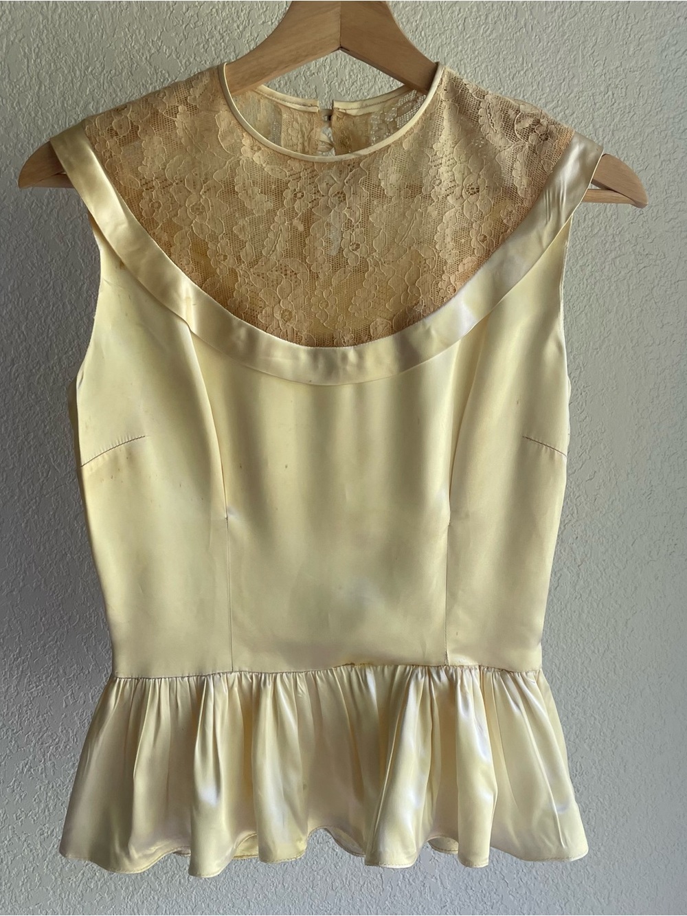 Vintage American wedding dress upcycled acetate lace Tank in Pale Yellow